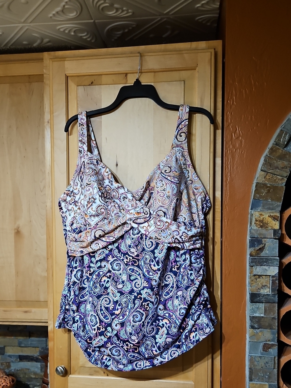 Lands' End Blue Purple Orange Tropical Paisley Floral Underwire Swim Tankini Top